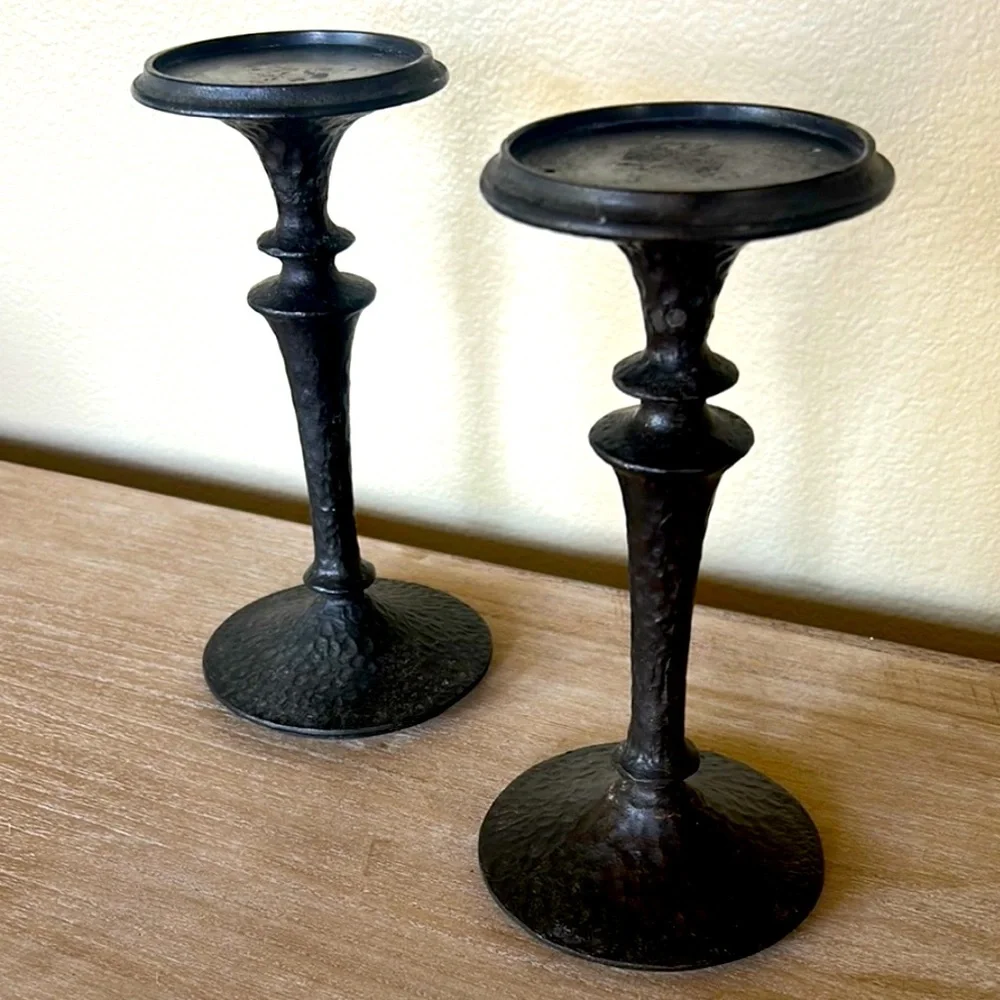 2 Pottery Barn Solid Wrought Iron Brutalist Candle Holders